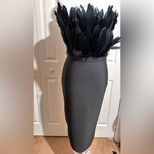 Elegant Black Midi Dress feathered Dress